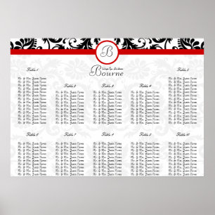 Tischnummern der roten Damaske-Monogram-Sitzkarte Poster