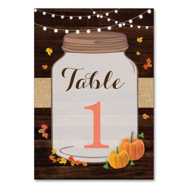 Tischnummern Hochzeit rustikale Jar Pumpkin Cards (Vorderseite)