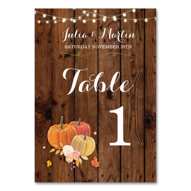 Tischnummern Wedding Pumpkin Rustic Wood Card (Vorderseite)