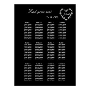 Tischordnung Hochzeit schwarz und weiß 12 Tische Poster