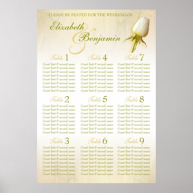 Tischplaner für Hochzeitssitze mit weißer Rose 1-9 Poster (Vorne)