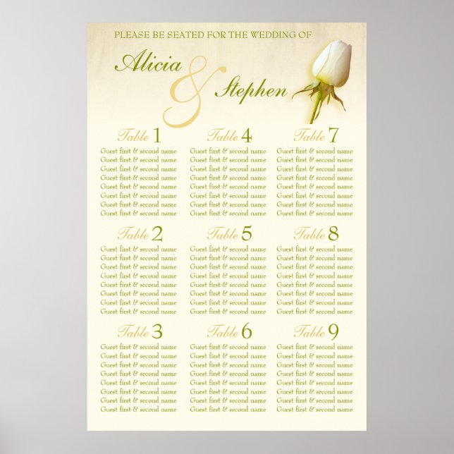 Tischplaner für Hochzeitssitze mit weißer Rose 1-9 Poster (Vorne)