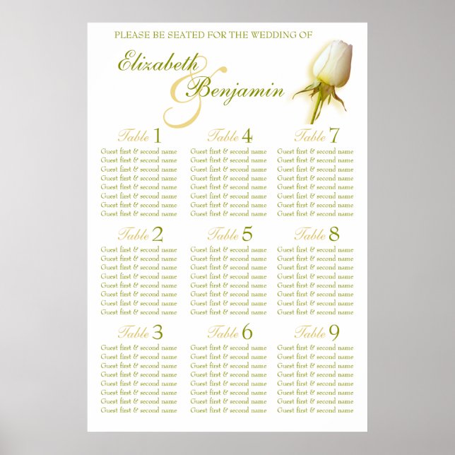 Tischplaner für Hochzeitssitze mit weißer Rose 1-9 Poster (Vorne)