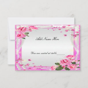 Tischplatzkarte mit rosa Rosen und Perlen Einladung