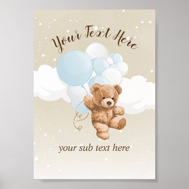 Tischschild Teddybär mit blauen Ballons Poster (Vorne)