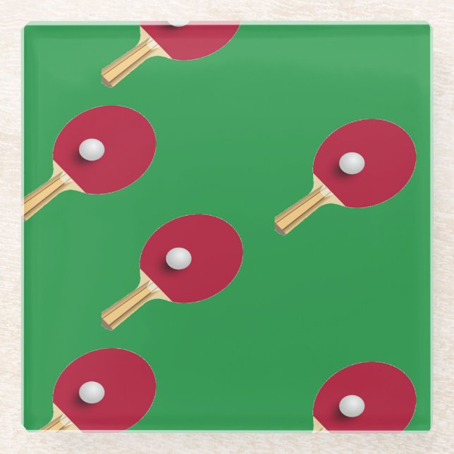 Tischtennisschläger und Ball auf Grün Glasuntersetzer (Vorderseite)