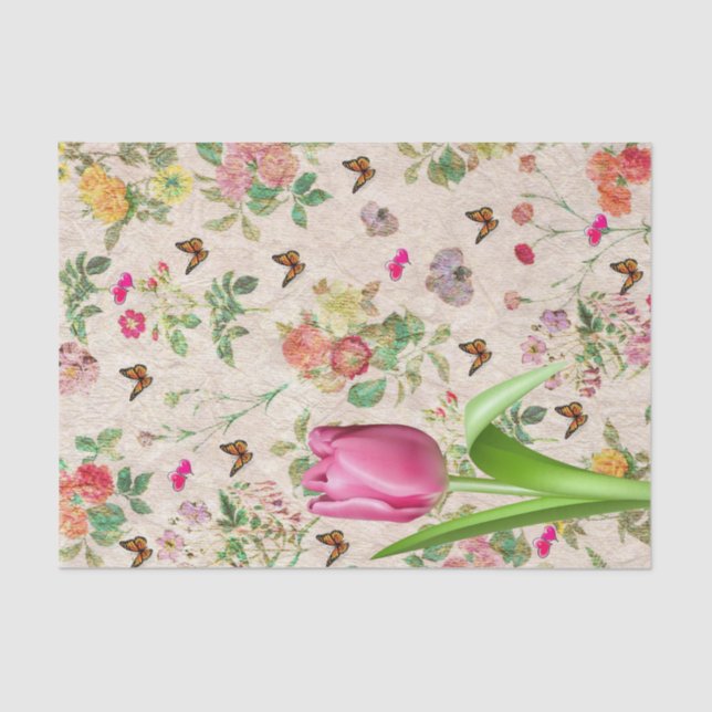 Tissue Paper Pink Tulip Butterfly Floral Seidenpapier (Vorderseite)