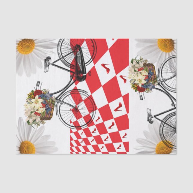 Tissue Paper White Daisy Red Checkered Bike Seidenpapier (Vorderseite)