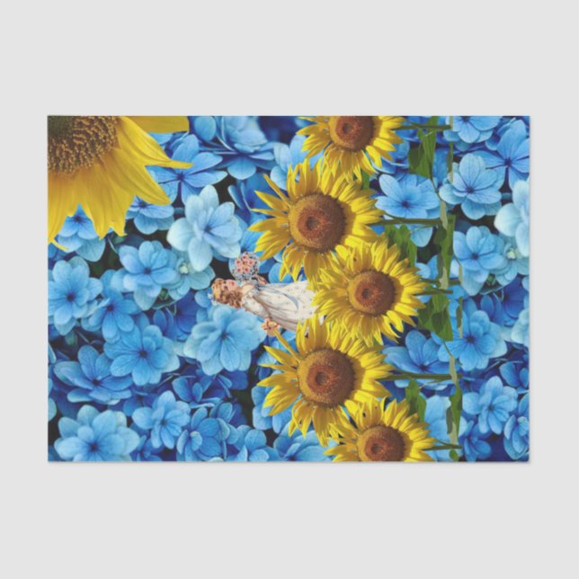 Tissue Sunflower Blue Black Floral Seidenpapier (Vorderseite)