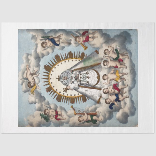 TISSUPAPIER : JUNGFRAU UND SÄUGLING MIT ANGELN SEIDENPAPIER (Vorderseite)