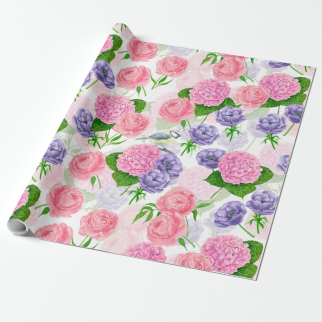 Tit Vogel und Blumen Geschenkpapier (Ungerollt)