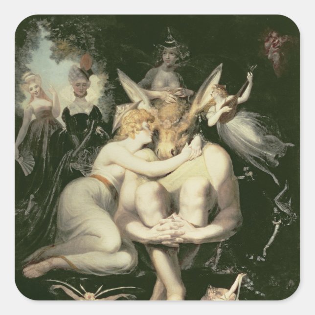 Titania Awakes, umgeben von Attendant Quadratischer Aufkleber (Vorderseite)