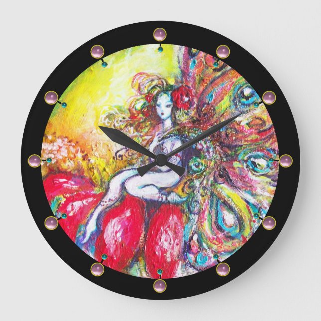 TITANIA SITZT AUF EINER ROTEN BLUME Fantasy Große Wanduhr (Vorderseite)
