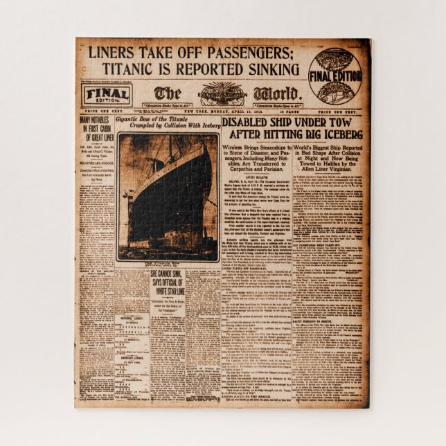 Titanic berichtete Sinking World News 1912 Puzzle (Vertikal)