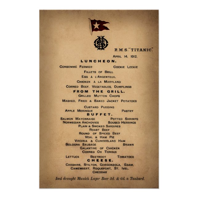 TITANIC Final Luncheon Menu 1912 Poster (Vorderseite)
