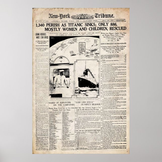 Titanic New York Tribune Newspaper Reprint Poster (Vorne)