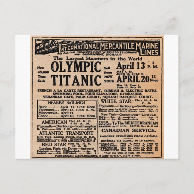 Titanic Newspaper Ad Postkarte (Vorderseite)