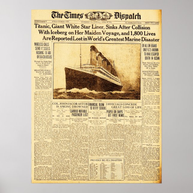 Titanic Sinks nach Zusammenstoß mit Iceberg 1912 Poster (Vorne)