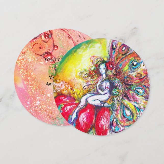 TITANIEN UND ROTE BLUME, grün-gelb-rosa Glitzern Einladung (Vorne/Hinten)