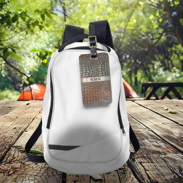 Titanmetall-Monogramm aus aquamarinem braunem Lede Gepäckanhänger (Von Creator hochgeladen)