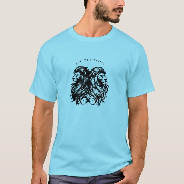 Titel: Blue T - Shirt mit Twin Lions und "Roar wit (Vorderseite)