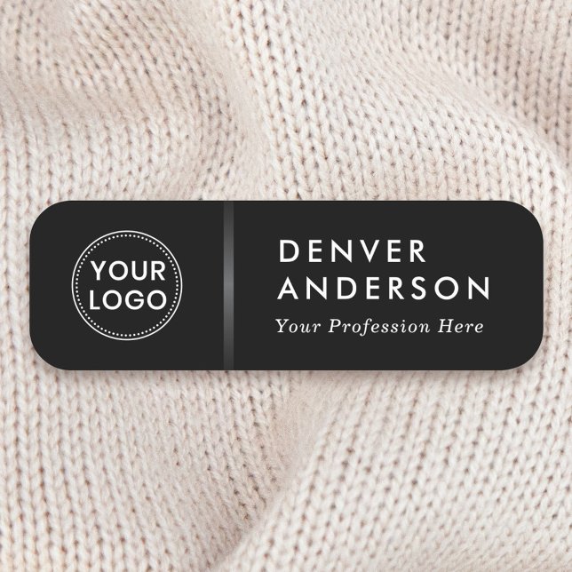 Titel des Logos Klassischer schwarz-grauer Farbver Namensschild (Elegant, black name tag with your custom logo and gray gradient divider)