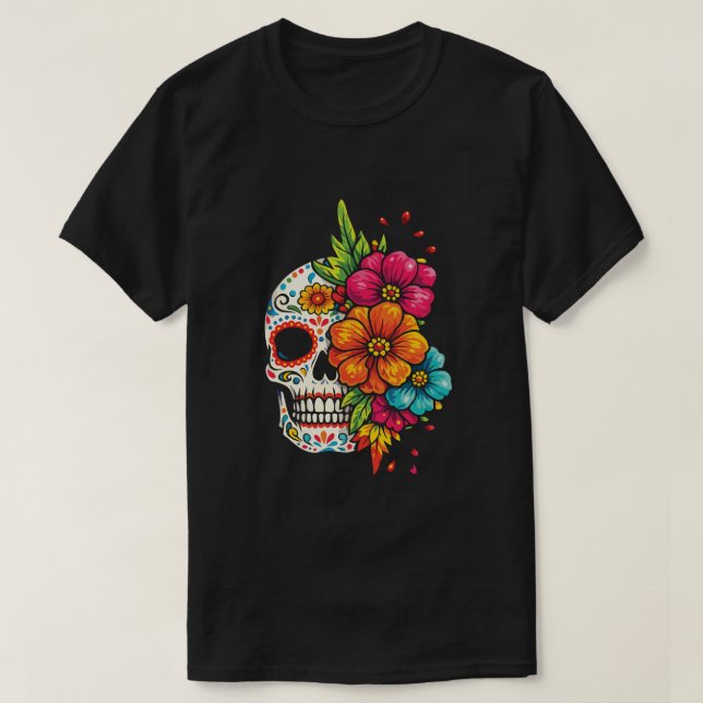Titel: Día de los Muertos Blumenschädel T-Shirt (Design vorne)