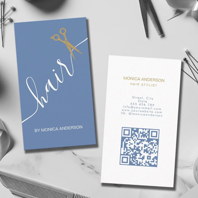 Titel: Dusty Blue Gold Haar Script Schere QR Code Visitenkarte (Dusty Blue Gold Hair Script Scissor QR Code Business Card)