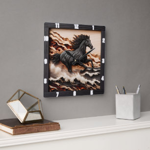 Titel: Majestic Gallop: Schnitzel aus Holz Quadratische Wanduhr