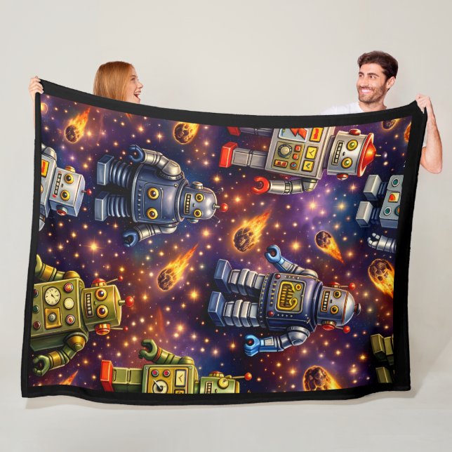 Titel Retro-Weltraumroboter und flammende Kommenta Fleecedecke (Beispiel)