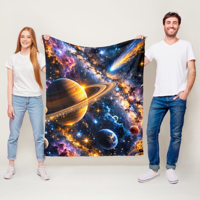 Titel Saturn und Comic galaktische Plüschdecke de Fleecedecke (Beispiel)