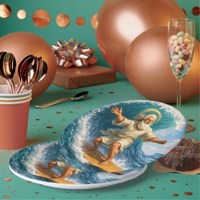 Title surfing Moses biblical art party paper plate Pappteller (Multi)