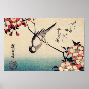 Titmice auf einer Zweigstelle in Cherry, Hiroshige Poster