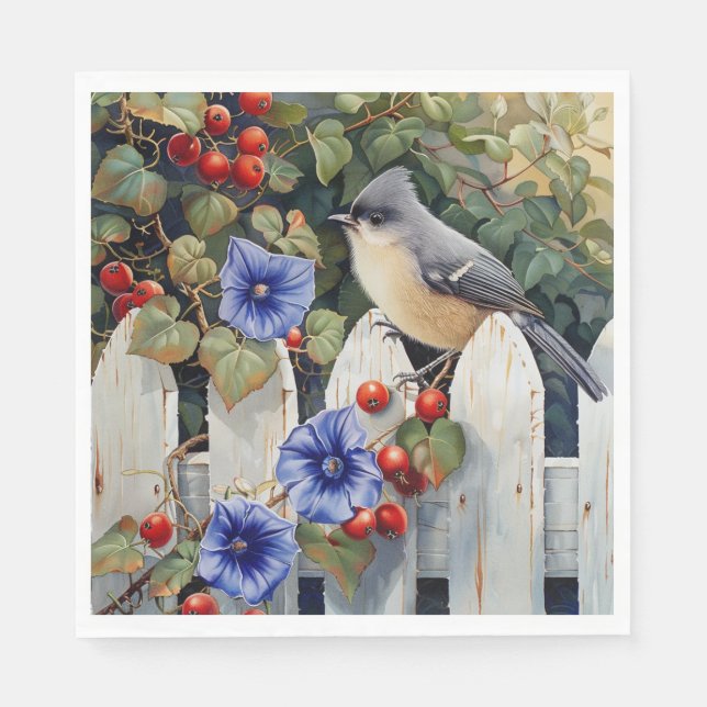 Titmouse auf the White Picket Fence Morning Glorie Serviette (Vorderseite)