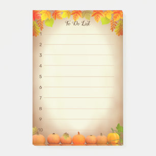 To-Do-Liste, Herbstblätter und Kürbisse auf Schrif Post-it Klebezettel