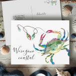 To The Beach Postkarte<br><div class="desc">Eine moderne, bewegende Postkarte, die Freunde und Familie über Ihre neue Zuhause Sweet Zuhause für den Urlaub lasse! Dieses einfache Design zeigt meine originale Aquarellkrabbe mit Weihnachtsbeleuchtung in türkisfarbenen, blauen, roten und Grüntönen. Die Worte, Gone Coastal ist Set in einer modernen handgeschriebenen Schriftzeichen Typografie. Fügen Sie mithilfe der Vorlagenfelder benutzerdefinierte...</div>