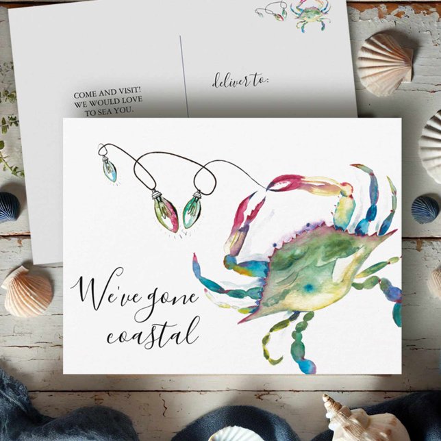 To The Beach Postkarte (beach moving postcards watercolor blue crab with Christmas lights art by Victoria Grigaliunas)