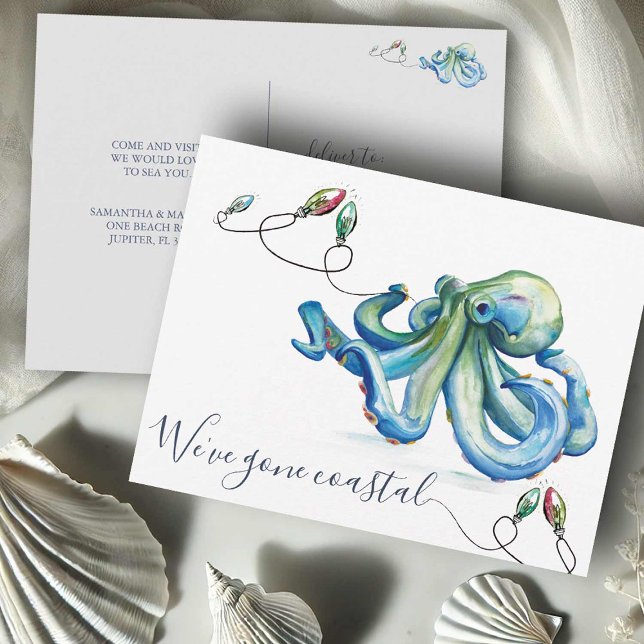 To The Beach Postkarte (Beach Christmas moving announcements cards watercolor octopus art Victoria Grigaliunas DoTellABelle)