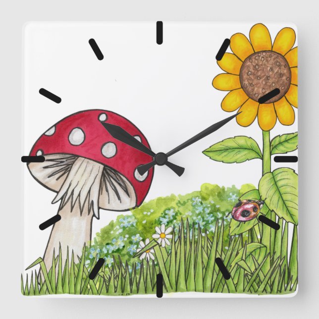 Toadstool and Sunflower Clock Quadratische Wanduhr (Vorderseite)
