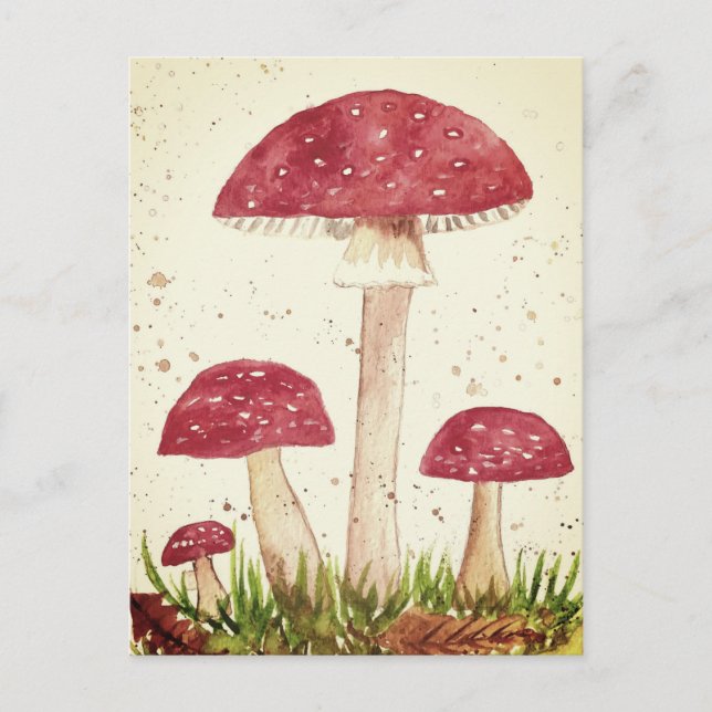 Toadstool Pilzwald Aquarell Rote Natur Postkarte (Vorderseite)