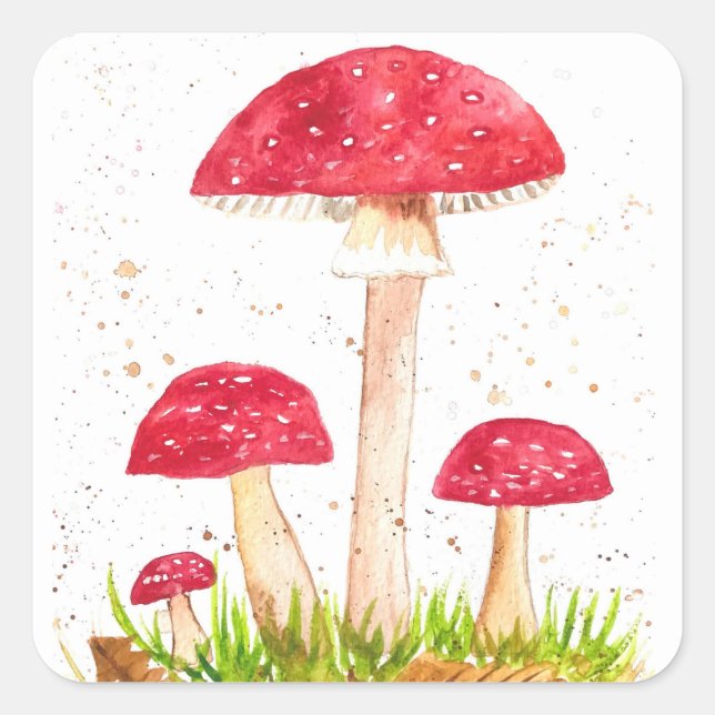 Toadstool Pilzwald Aquarell Rote Natur Quadratischer Aufkleber (Vorderseite)