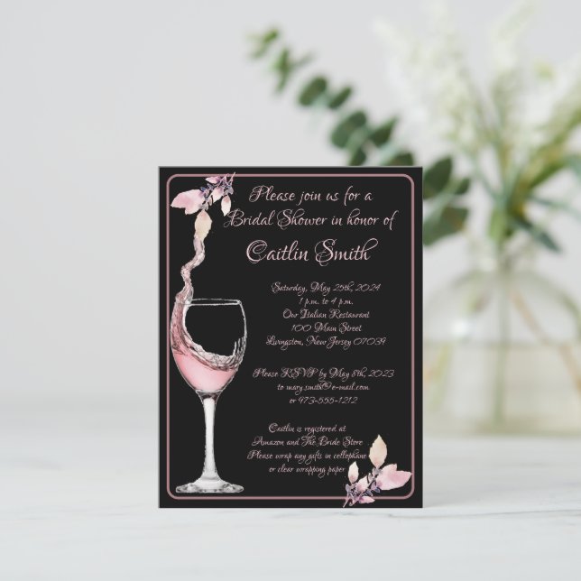 Toast formales Schwarz-Rose-Brautparty Einladung (Stehend Vorderseite)