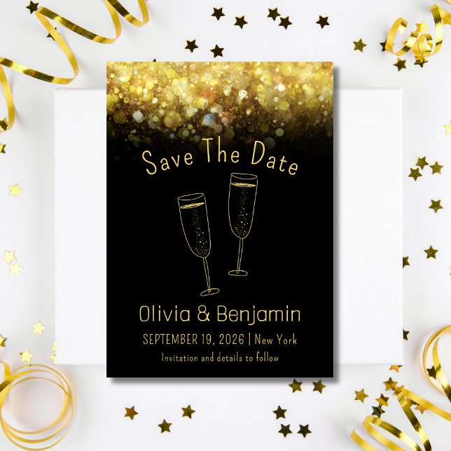 Toast Gold Glitzer Black Wedding Save the Date Einladung (Toast  Gold Glitter Black Wedding Save The Date Invitation )