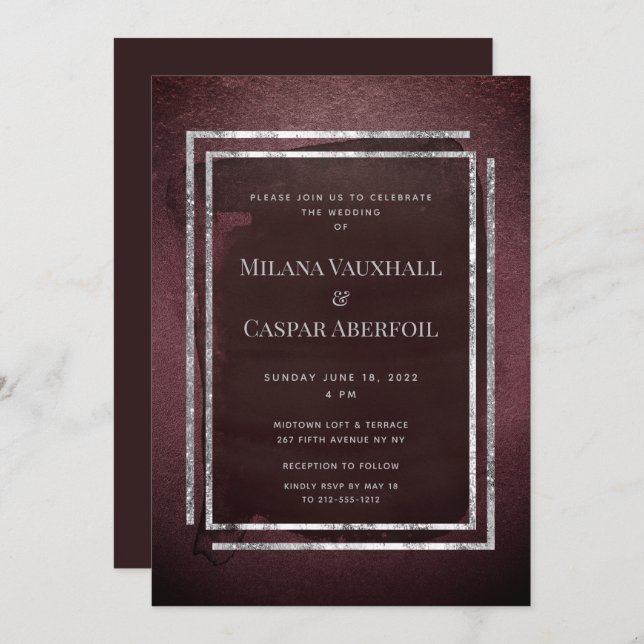 Toasted Burgundy & Silver Frame Wedding oder Party Einladung (Vorne/Hinten)