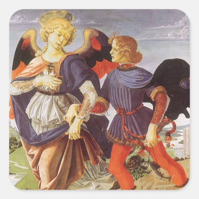 Tobias und der Engel von Andrea del Verrocchio Quadratischer Aufkleber (Vorderseite)