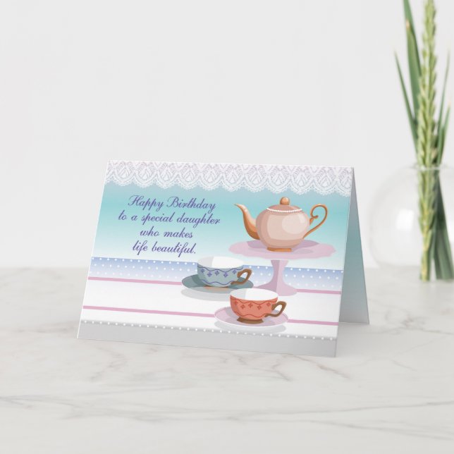 Tochter Birthday Teapot, Teacups Karte (Vorderseite)