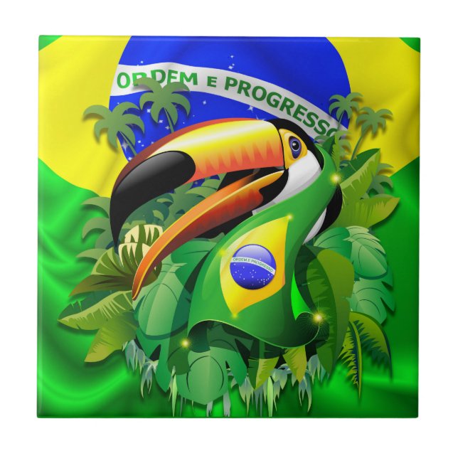 Toco Toucan mit brasilianischer Flagge Fliese (Vorderseite)