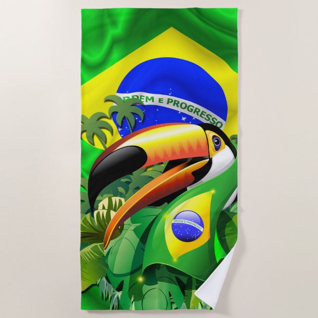 Toco Toucan mit brasilianischer Flagge Strandtuch (Vorderseite)