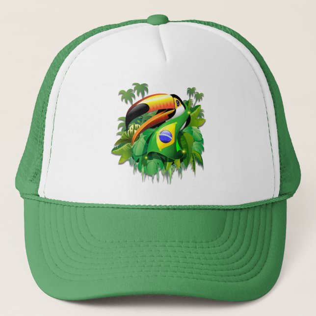 Toco Toucan mit brasilianischer Flagge Truckerkappe (Vorderseite)