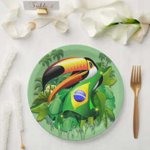 Toco Toucan mit Brasilien Flag Krawatte Pappteller
